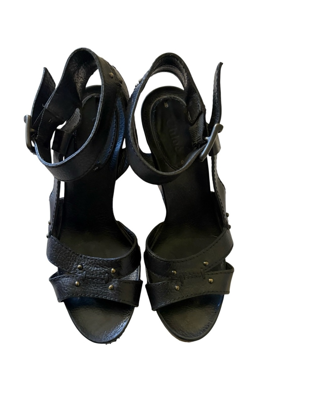 Chloe Leather Wood Wedge Sandals Size US 8.5 Black Studded Ankle Strap Platform